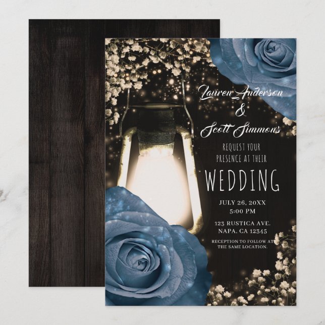 Rustic Glow Lantern Dusty Blue Roses Wedding Invitation (Front/Back)