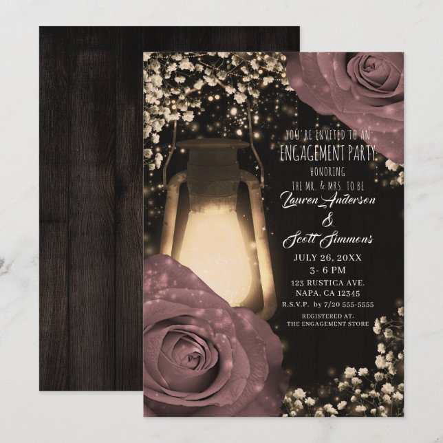 Rustic Glow Lantern Dusty Pink Roses Engagement Invitation (Front/Back)