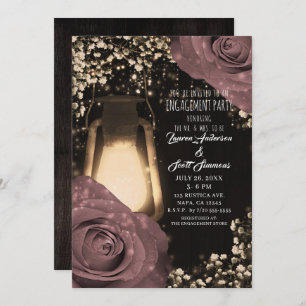 Rustic Glow Lantern Dusty Pink Roses Engagement Invitation