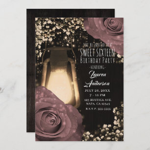Rustic Glow Lantern Dusty Pink Roses Sweet 16 Invitation