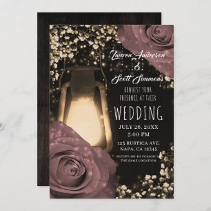 Rustic Glow Lantern & Dusty Pink Roses Wedding Invitation