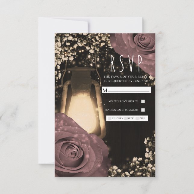 Rustic Glow Lantern Dusty Pink Roses Wedding RSVP (Front)