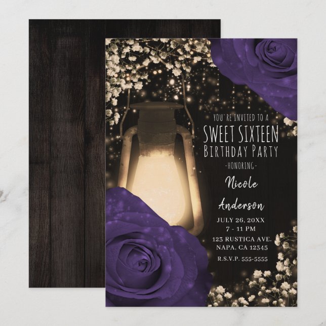 Rustic Glow Lantern Eggplant Colour Roses Sweet 16 Invitation (Front/Back)