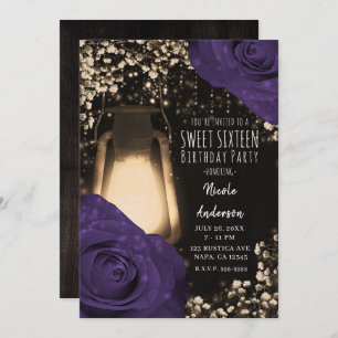 Rustic Glow Lantern Eggplant Colour Roses Sweet 16 Invitation