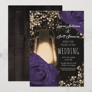 Rustic Glow Lantern Eggplant Colour Roses Wedding  Invitation