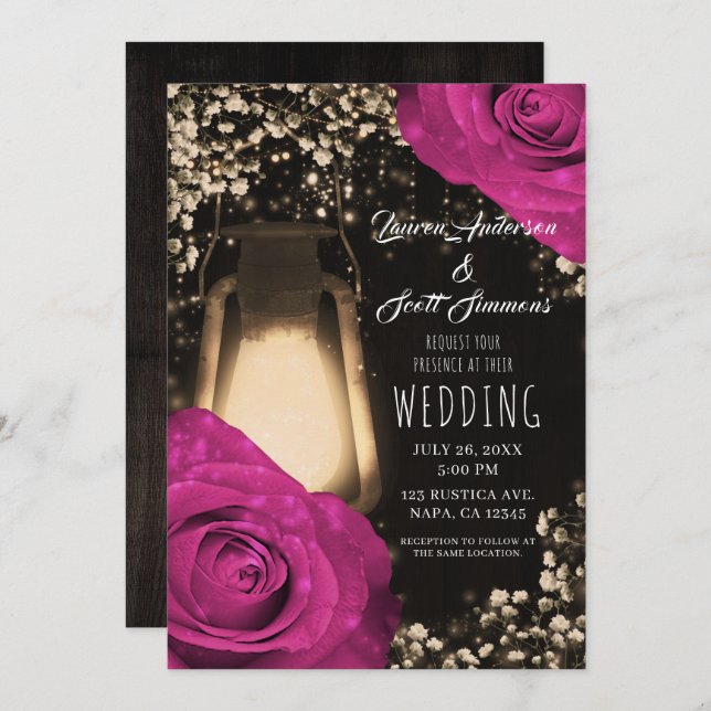 Rustic Glow Lantern Fuchsia Berry Wedding  Invitation (Front/Back)