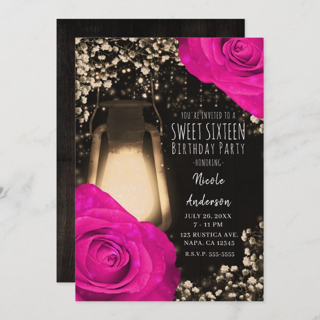 Rustic Glow Lantern & Fuchsia Hot Pink Sweet 16 Invitation (Front/Back)