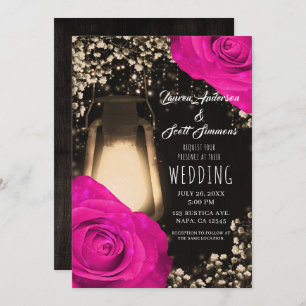 Rustic Glow Lantern & Fuchsia Hot Pink Wedding Invitation