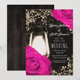 Rustic Glow Lantern & Fuchsia Pink Wedding Invitation