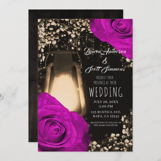Rustic Glow Lantern & Fuchsia Wedding Invitation (Front/Back)