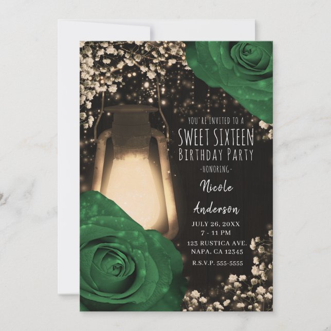Rustic Glow Lantern Garden Green Roses Sweet 16 Invitation (Front)