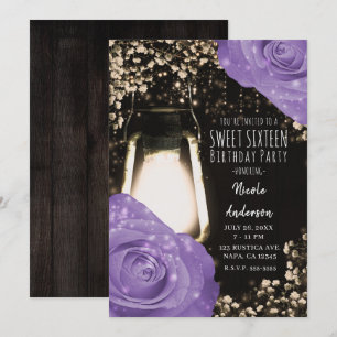 Rustic Glow Lantern Lavender Purple Roses Sweet 16 Invitation