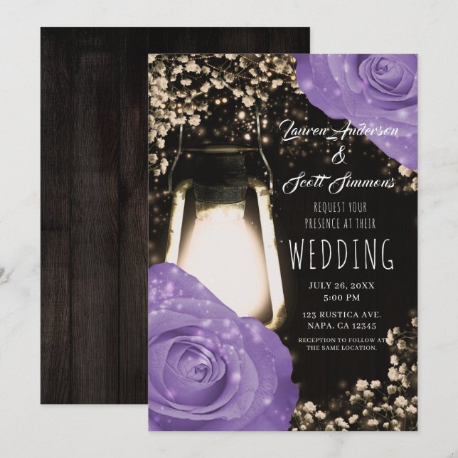 Rustic Glow Lantern Lavender Purple Roses Wedding  Invitation (Front/Back)