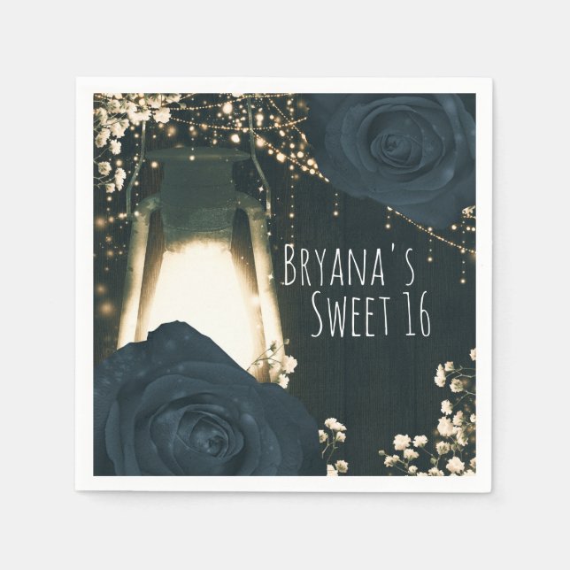 Rustic Glow Lantern Light Blue Black Roses Wedding Napkin (Front)