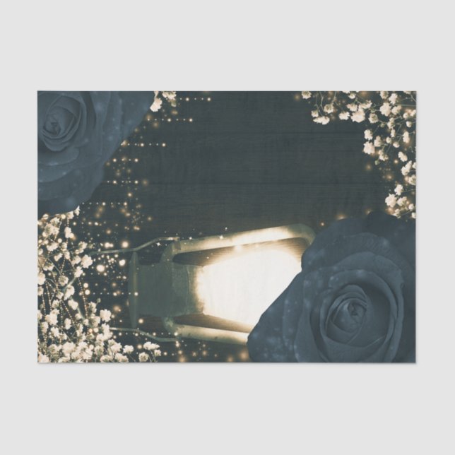 Rustic Glow Lantern Light Blue Black Roses Wedding Tissue Paper (Front)