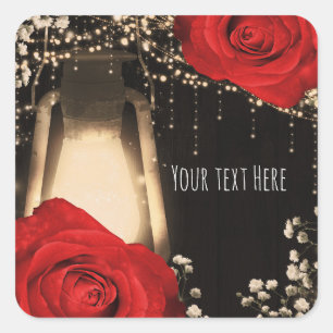 Rustic Glow Lantern Light Bright Red Roses Wedding Square Sticker