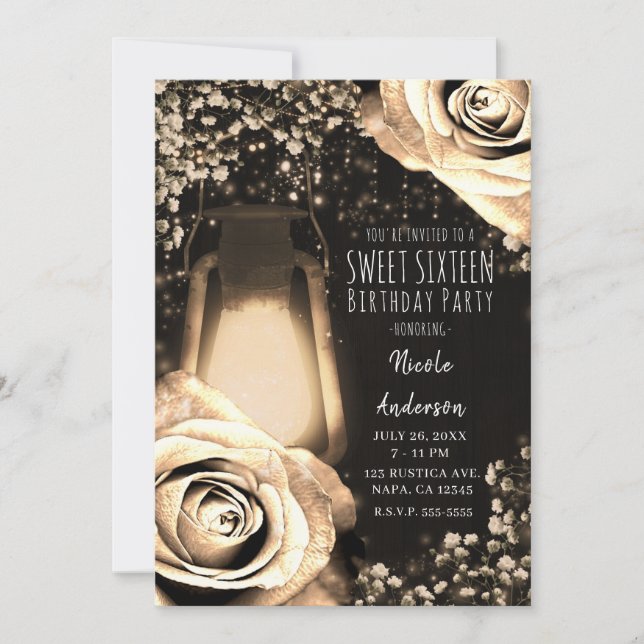 Rustic Glow Lantern Light Gold Roses Sweet 16 Invitation (Front)