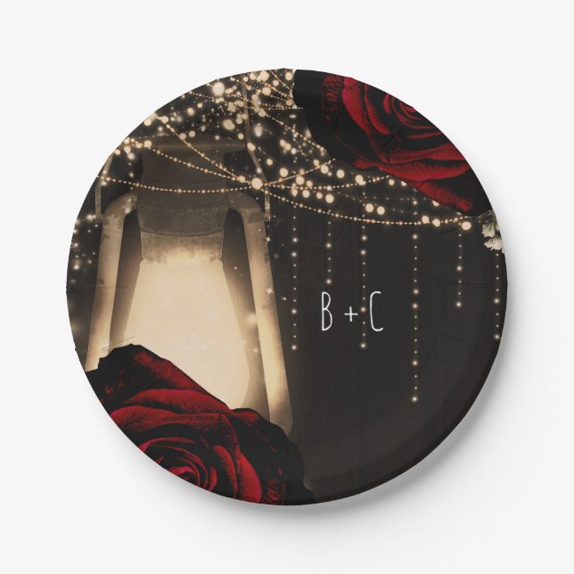 Rustic Glow Lantern Lights Dark Red Roses Wedding Paper Plate (Front)