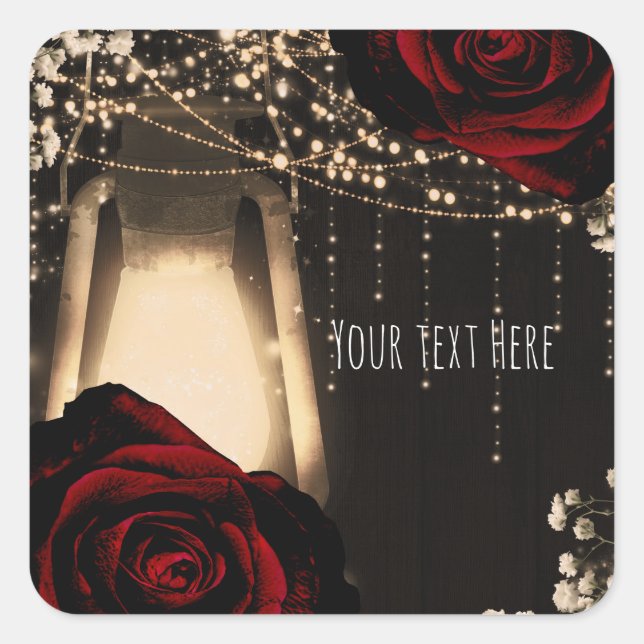 Rustic Glow Lantern Lights Dark Red Roses Wedding Square Sticker (Front)