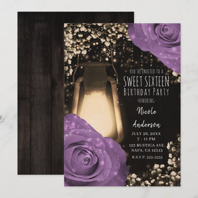 Rustic Glow Lantern Lilac Purple Roses Sweet 16 Invitation (Front/Back)