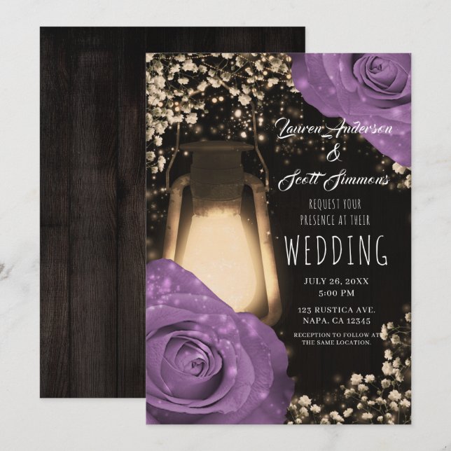 Rustic Glow Lantern Lilac Purple Roses Wedding Invitation (Front/Back)