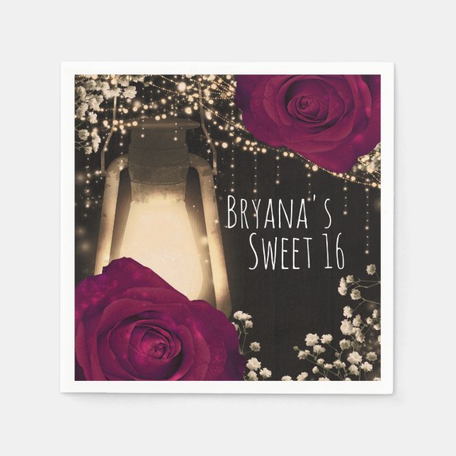 Rustic Glow Lantern Magenta Berry Roses Wedding Napkin (Front)