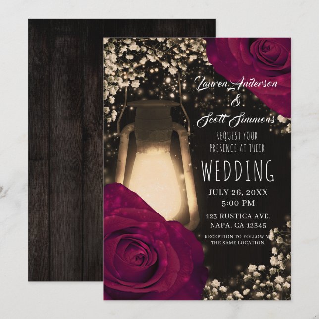 Rustic Glow Lantern & Magenta Roses Wedding Invitation (Front/Back)