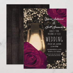 Rustic Glow Lantern & Magenta Roses Wedding Invitation