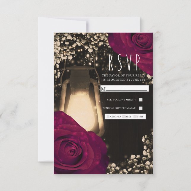 Rustic Glow Lantern & Magenta Roses Wedding RSVP Card (Front)