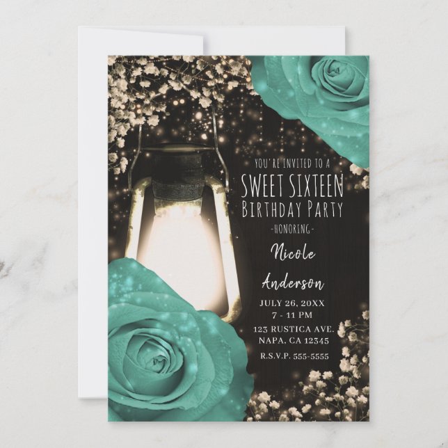 Rustic Glow Lantern Mint Green Roses Sweet 16 Invitation (Front)