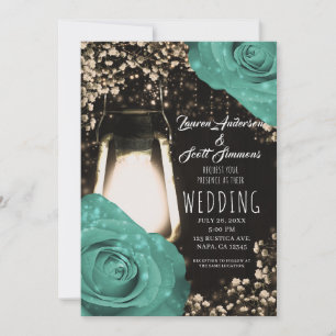 Rustic Glow Lantern Mint Green Roses Wedding Invitation