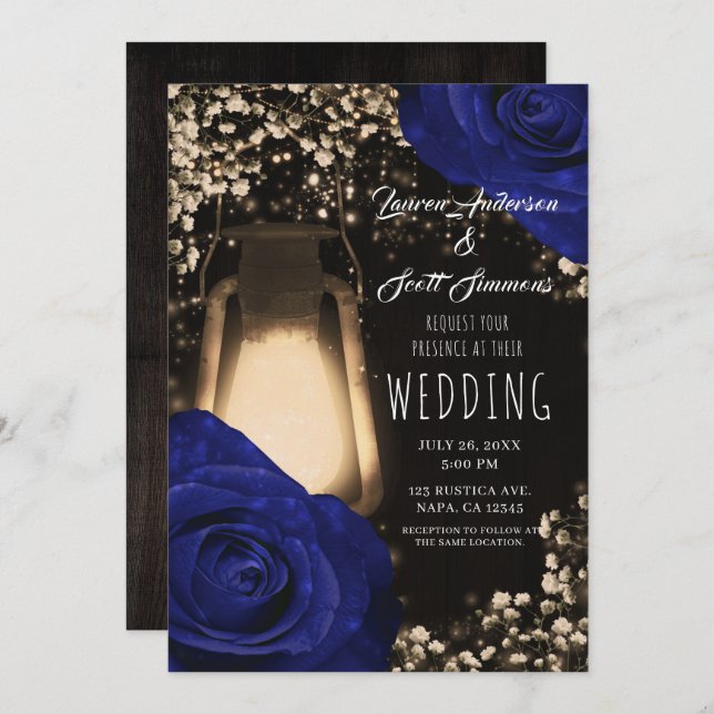 Rustic Glow Lantern & Navy Blue Roses Wedding  Inv Invitation (Front/Back)