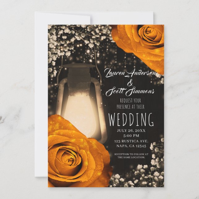 Rustic Glow Lantern Orange Autumn Roses Wedding In Invitation (Front)