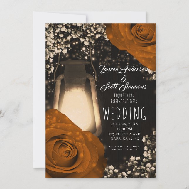 Rustic Glow Lantern Orange Spice Roses Wedding   I Invitation (Front)