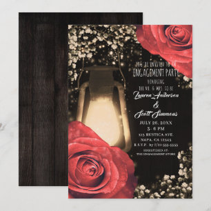 Rustic Glow Lantern Red Roses Engagement Party Invitation