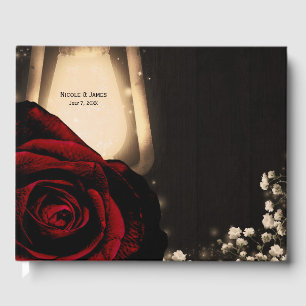 Rustic Glow Lantern Red Roses Floral Wedding Guest Book