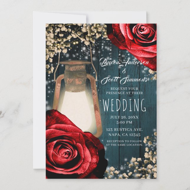 Rustic Glow Lantern Red Roses & Teal Wedding Invitation (Front)