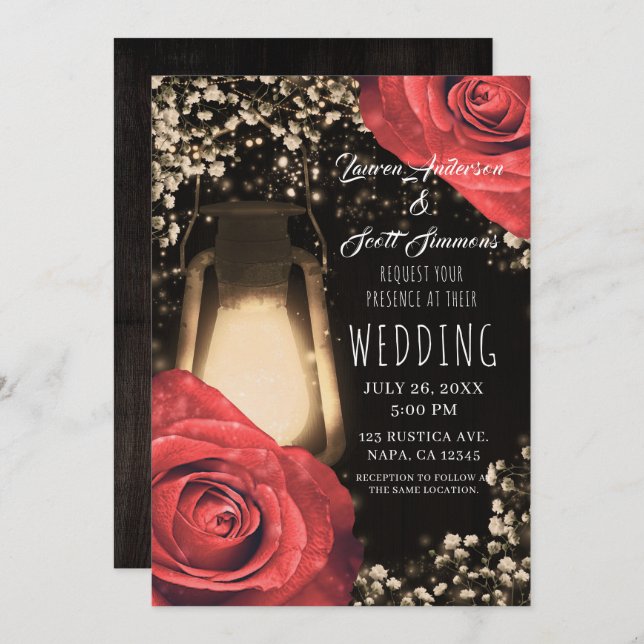 Rustic Glow Lantern & Red Roses Wedding Invitation (Front/Back)
