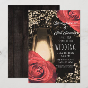 Rustic Glow Lantern & Red Roses Wedding Invitation