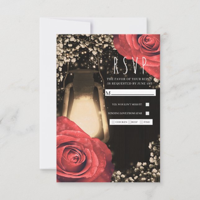 Rustic Glow Lantern & Red Roses Wedding RSVP (Front)