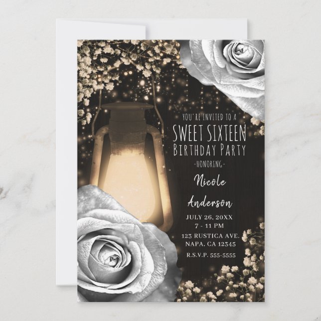 Rustic Glow Lantern Silver Grey Roses Sweet 16 Invitation (Front)