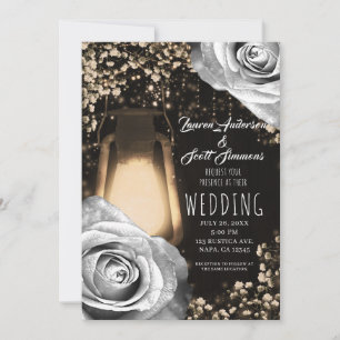 Rustic Glow Lantern Silver Grey Roses Wedding   Invitation