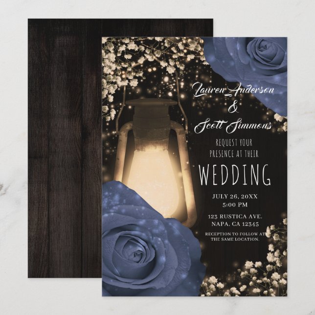 Rustic Glow Lantern & Steele Blue Roses Wedding  I Invitation (Front/Back)