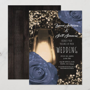 Rustic Glow Lantern & Steele Blue Roses Wedding I Invitation