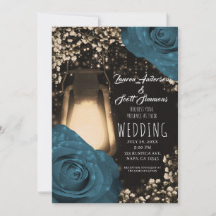 Rustic Glow Lantern Teal Green Blue Roses Wedding  Invitation
