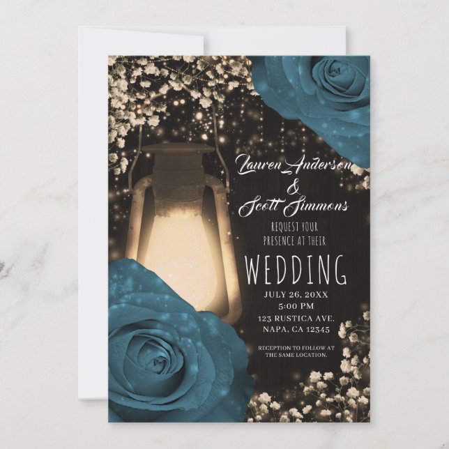 Rustic Glow Lantern Teal Green Blue Roses Wedding  Invitation (Front)
