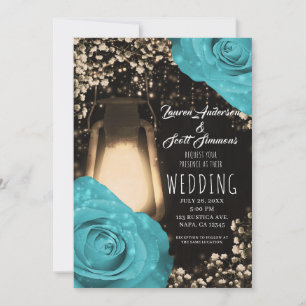 Rustic Glow Lantern Turquoise Blue Roses Wedding Invitation
