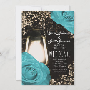 Rustic Glow Lantern Turquoise Blue Roses Wedding Invitation