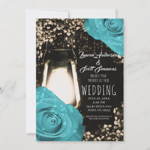 Rustic Glow Lantern Turquoise Blue Roses Wedding   Invitation