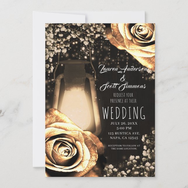 Rustic Glow Lantern Vintage Gold Roses Wedding  Invitation (Front)